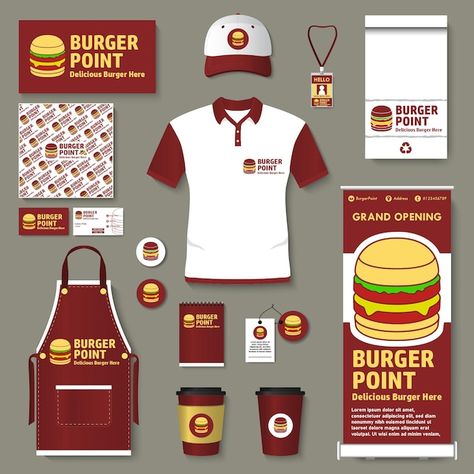 Corporate startup templates for burger b... | Premium Vector #Freepik #vector #brand #branding #office-branding #brand-design Brand Uniform Design, Burger Branding Design, Corporate Uniform Design, Burger Branding, Juice Shop, Menu Mockup, Elegant Restaurants, Restaurant Uniforms, Corporate Uniforms