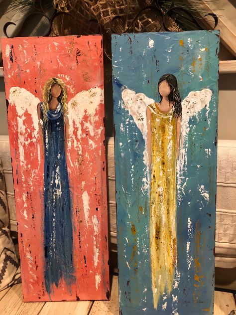 Painted Angels Canvas, Diy Angel Painting, Angel Paintings On Canvas Acrylics, Abstract Angel Painting, Mom Birthday Gift Ideas, Painted Angels, Beginners Canvas Painting, Painting Beginners, Angel Wings Painting