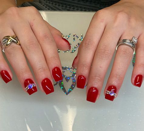 Short Square Nails. Red Nails. Nails With Rhinestones. Acrylic Nails. Red Bling Nails Rhinestones Valentines Day, Short Red Nails With Rhinestones, Short Nails With Rhinestones, Rhinestones Acrylic Nails, Red Nails With Rhinestones, Square Nails Red, Gift For Boyfriend Ideas, Bedazzled Nails, Short Red Nails