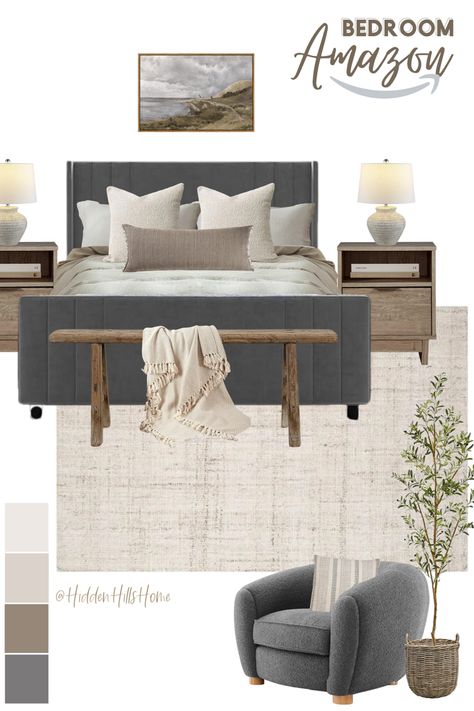 Amazon bedroom decor ideas! Modern transitional bedroom finds from amazon Organic Modern Decor Bedroom Bed Frames, Agreeable Gray Guest Bedroom, Bedding For A Grey Headboard, Dark Grey Upholstered Bed Bedroom Ideas, Master Bedrooms Mood Board, Amazon Guest Bedroom, Masculine Guest Room, Amazon Bedroom Ideas, Amazon Beds