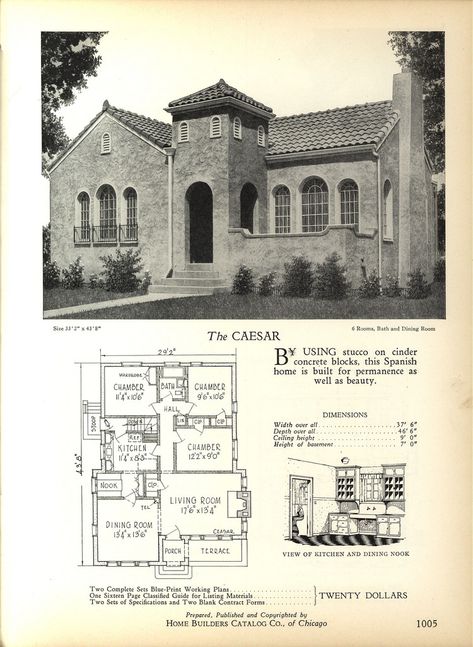 Modern Spanish House Plans, Spanish House Plans, Vintage Floor Plans, Living Arrangements, Spanish Revival Home, Vintage Catalog, Retro House, Small Cottages, Vintage House Plans