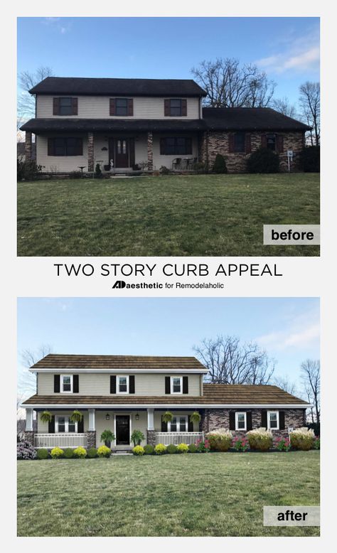 Real Life Rooms: Two Story Curb Appeal | Remodelaholic | Bloglovin’ Small Colonial House Exterior, Mid Century Modern Curb Appeal, Ad Aesthetic, Exterior Home Makeover, Small Colonial, Colonial House Exteriors, Siding Ideas, Exterior House Remodel, Ranch Remodel