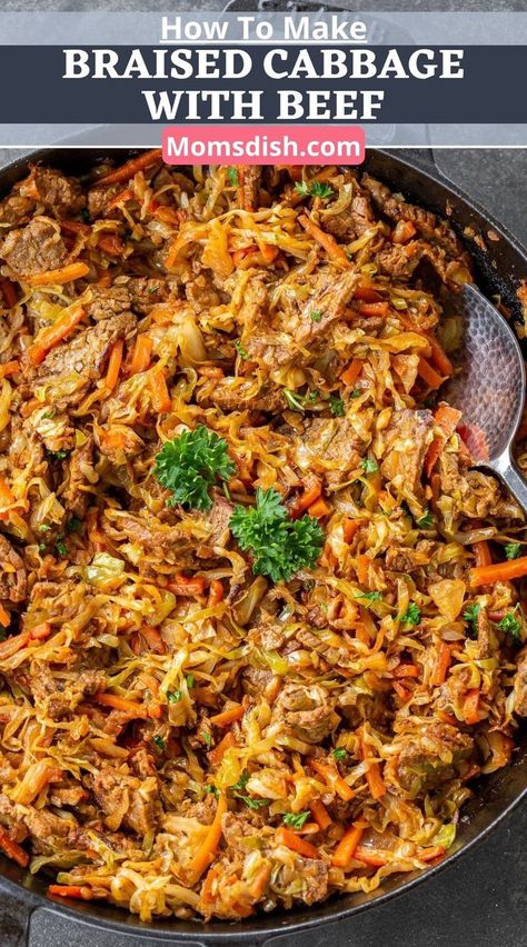 This braised cabbage with beef is melt-in-your-mouth tender and the definition of healthy comfort food. A Slavic staple that never gets old! Cabbage And Minced Meat, Braised Cabbage Recipes, Cabbage Stew, Red Cabbage Recipes, Ground Beef And Cabbage, Steamed Cabbage, Braised Red Cabbage, Cabbage And Potatoes, Braised Cabbage