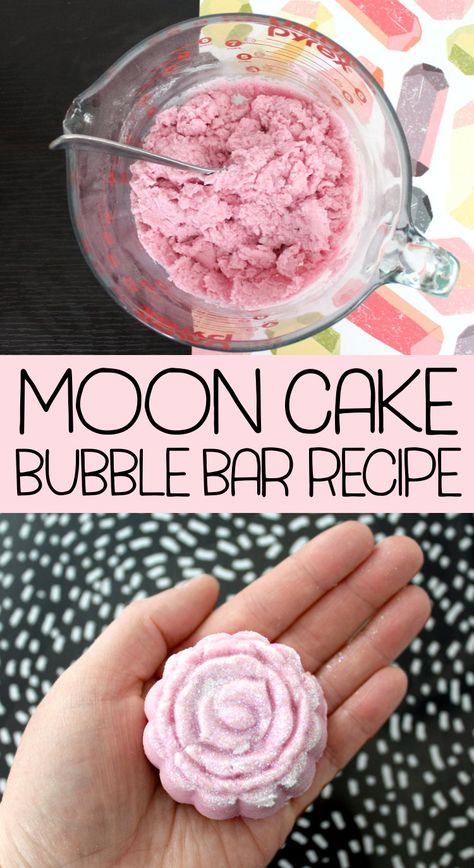 Moon Cake Bubble Bar Recipe! This sweetly scented moon cake bubble bar recipe yields nine amazing glittery pink fairy dusted bubble bars and creates a massive bubble filled bath. Diy Bubble Bar, Bubble Bar Recipe, Bath Boms, Bath Stuff, Bubble Bar, Bath Bomb Recipes, Bubble Bars, Bar Recipe, Diy Beauty Recipes