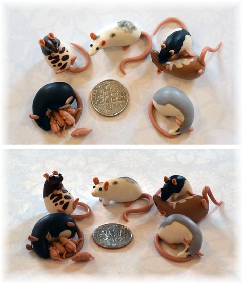 Rat Earrings Clay, Rat Polymer Clay, Tiny Polymer Clay Animals, Clay Mouse Tutorial, Clay Rats, Rat Ceramic, Mini Clay Animals, Rat Crafts, Polymer Clay Mouse