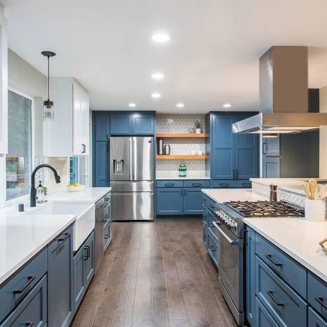 Navy Blue Kitchen Cabinets With Dark Floors, Blue Kitchen Wood Floor, Navy Blue Cabinets With Hard Wood Floors In Kitchen, Blue And Dark Wood Kitchen, Blue Kitchen Dark Wood Floor, Blue Kitchen Wooden Floor, Kitchen With Dark Wood Floors, Dark Floor Kitchen, Dark Brown Wood Floors