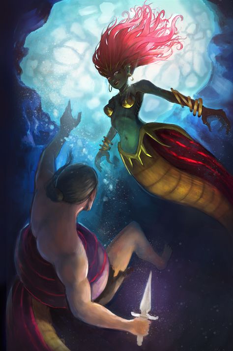 Beowulf vs Grendel's mother by kentyan on DeviantArt Beowulf Artwork, Beowulf Grendel, Grendel's Mother Beowulf, Grendel's Mother, Lake Monster Art, Beowulf Return To The Shieldlands, Sea Witch, Norse Vikings, Anglo Saxon