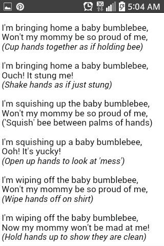 "I'm bringing home a baby bumblebee." song Bumblebee Songs Preschool, Bee Songs For Preschool, Baby Bumble Bee Song, Preschool Graduation Songs, Lullaby Lyrics, School Readiness Activities, Baby Bumble Bee, Nursery Rhymes Lyrics, Graduation Songs