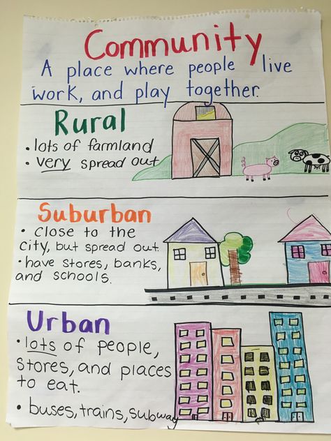 Urban Suburban Rural Anchor Chart, Community Anchor Chart First Grade, Local Community Grade 1, Types Of Communities Anchor Chart, Types Of Communities Activities, What Is A Community Anchor Chart, First Grade Community Unit, Communities In Schools Ideas, Community School Project