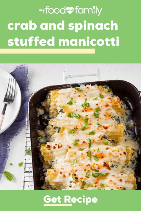 Treat your taste buds to this delicious pasta dish that requires just 35 minutes of prep! Make this tasty recipe with crabmeat, KRAFT Parmesan Cheese, and POLLY-O Skim Ricotta Cheese. Crab Manicotti Recipe, Seafood Manicotti Recipe, Manicotti Filling, Manicotti Shells, Stuffed Manicotti, Easy Comfort Food Dinners, Cannelloni Recipes, Manicotti Recipe, Recipe Using Chicken