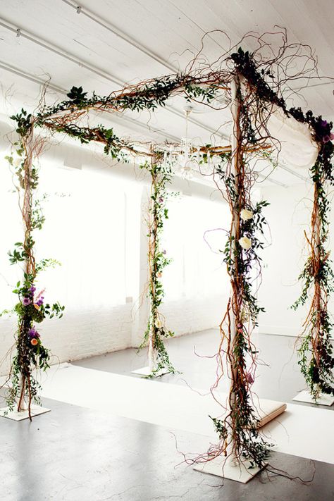 Modern Purple + White Loft Wedding | Photography by via Elizabeth Anne Designs Branch Arch Wedding, Indoor Vines, Wedding Chuppah, Diy Wedding Arch, Wedding Arbors, Wedding Branches, Wedding Arbor, Loft Wedding, Wedding Arbour