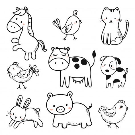 Bunny Vector Illustrations, Animal Cartoon Drawings, Simple Animal Doodles, Animal Doodles Simple, Farm Animals Drawing, Farm Animals Vector, Cartoon Farm Animals, Doodle Animals, Animals Doodle