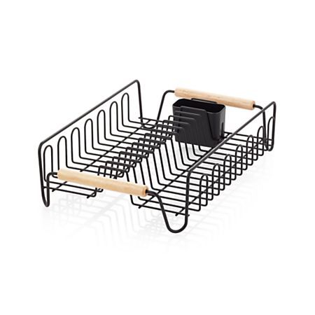 Black Dish Rack with Wood Handles + Reviews | Crate and Barrel Industrial Pipe Furniture, Wire Product, Plastic Utensils, Stainless Steel Utensils, Steel Racks, Dish Rack, Wood Handles, Dish Rack Drying, Dish Racks