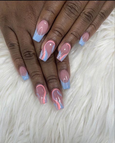 Light Blue And Light Pink Nails, Light Blue Formal Nails, Light Pink And Light Blue Nails, Light Blue French Tip Nails Coffin, Blue French Tips With Design, Pink And Blue French Tip Nails, Blue French Tip Nails With Design, Light Blue And Pink Nails, Blue French Tip