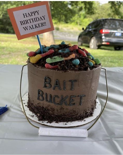 Bait Bucket Cake, Bass Birthday Party, Fishing Themed Desserts, Lake Themed Birthday Cake, Pond Birthday Party, Fishing Party Cake, Kids Fishing Birthday Cake, Fishing First Birthday Cake, Fishing Bday Party Ideas