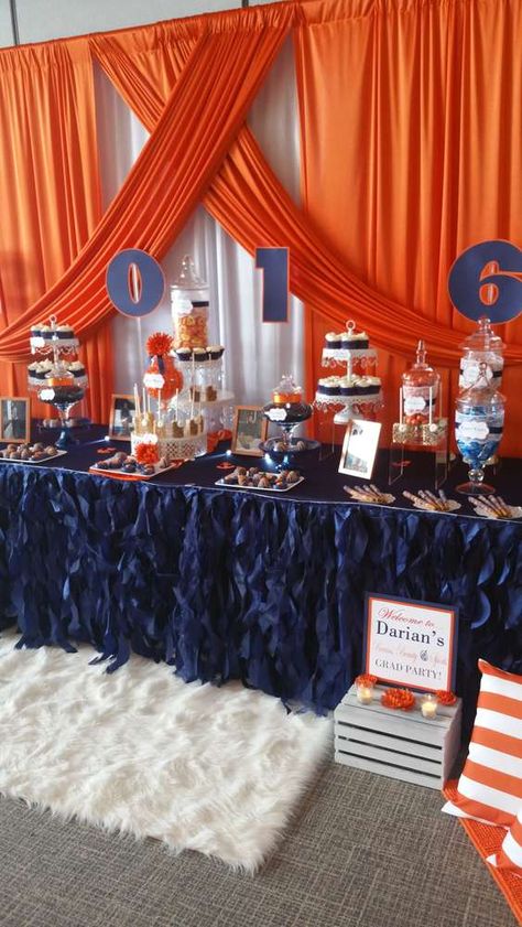 Brains, Beauty & Sports Graduation/End of School Party Ideas | Photo 2 of 27 | Catch My Party Orange Grad Party, Graduation Party University, Blue Orange Weddings, End Of School Party Ideas, End Of School Party, Blue Graduation Party, School Party Ideas, Graduation Party Desserts, Trunk Party