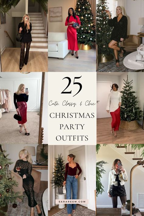 Get ready to shine this holiday season with these chic Christmas party outfits! From elegant Christmas dresses to cozy yet classy Christmas outfits, find the perfect look for every occasion. Whether you're looking for cute holiday inspo or aiming for a sleek, sophisticated aesthetic, these Christmas party outfit ideas have you covered. Think sparkly skirts, satin dresses, and stylish accessories that make a statement. Whatever your style, these outfits will have you feeling festive. Christmas Colour Outfit, Nice Holiday Outfits, Chic Winter Party Outfits, Christmas Party Outfits 2024 Women, Holiday Work Dinner Party Outfit, Holiday Party 2024 Outfit, Women’s Work Holiday Party Outfit, Christmas Dinner Party Outfit Casual, Employee Christmas Party Outfits