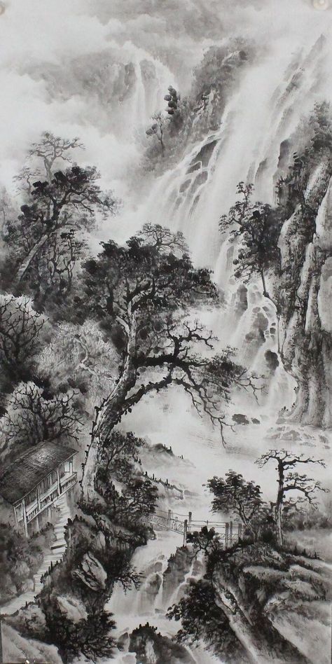 Cool Wallpapers Music, Architecture Drawing Sketchbooks, Zen Painting, Waterfall Paintings, Ink Wash Painting, Chinese Landscape Painting, Chinese Art Painting, Japanese Art Prints, Chinese Brush