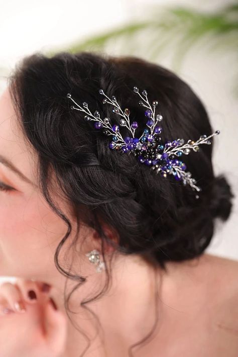 Purple Black Hair, Black Hair Comb, Silver Head Piece, Wedding Hair Accessories, Purple Black, Hair Comb, Headdress, Silver Wire, Purple And Black