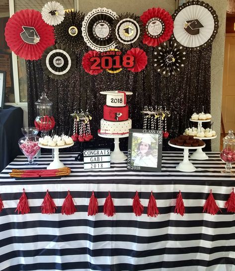 Graduation Desert Bar, Red And Black Graduation Party Ideas Table Decorations, Graduation Table Decorations For Boys, Red Black White Graduation Party Ideas, High School Graduation Table Decorations, Grad Dessert Table, Graduation Cake Table Ideas, Table Decorations For Graduation, Grad Party Dessert Table Ideas