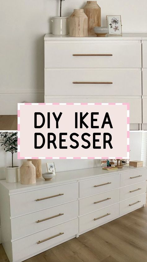 Looking for affordable home decor ideas? This Ikea Malm dresser makeover makes it look WAY more expensive that modern than before!! We used this Ikea dresser hack in our modern bedroom design and I love how it turned out! Read this post to see exactly how we transformed this Ikea dresser & all of the pieces we used! Diy Ikea Dresser Makeover, Malm Dresser Makeover, Malm Dresser Decor, Diy Ikea Dresser, Ikea Wall Storage, Ikea Dresser Makeover, Ikea Dresser Hack, Dresser Decor Bedroom