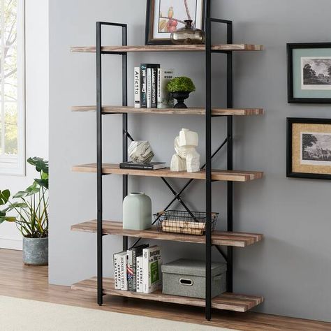 Trent Austin Design® Castellon 68'' H x 36'' W Metal Etagere Bookcase & Reviews | Wayfair Industrial Bookshelf, Industrial Bookcases, Open Bookshelves, Metal Shelving Units, Vintage Industrial Style, Etagere Bookcase, Wood Floating Shelves, Wood Bookcase, Shelf Design