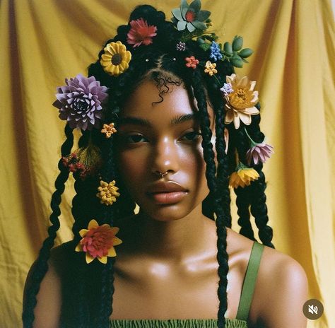 Flower Hair Editorial, Black Women With Flowers In Hair, Flower In Hair Black Women, Black Women Flowers, Afro With Flowers, Flower Photoshoot Black Women, Hair Editorial Photography, Floral Photoshoot Ideas, Flower Photoshoot Editorial