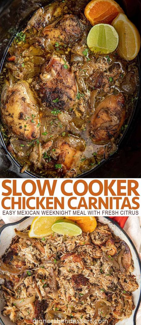 Slow Cooker Kip, Carnitas Crockpot, Chicken Carnitas, Mexican Slow Cooker, Carnitas Recipe, Easy Mexican, Mexican Food Recipes Easy, Slow Cooking, Chicken Thigh Recipes