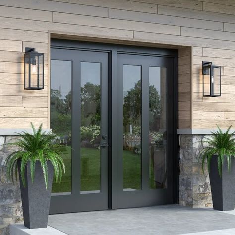 Wade Logan® Caitelyn 1 Light 17" Tall Outdoor Wall Sconce & Reviews | Wayfair Modern Colonial Front Porch, Tan House Black Trim, Door Exterior Front Entry, Modern Stone Exterior, Exterior House Lights, Exterior Light Fixtures, Black Outdoor Wall Lights, Garage Lighting, Outdoor Sconces