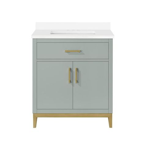 If you've been searching for the perfect piece to complete your bathroom reno, look no further than the Diya vanity from OVE Decors. It features a soothing sage green finish and stunning brushed gold accents to deliver a look that's on-trend yet timeless all at once. Well-suited to for powder rooms and small bathrooms, don't let its small size fool you. Thanks to a tilt-down drawer and 2-door cabinet, there's enough room to store your daily essentials neatly out of sight for a clutter-free envir Bathroom Shelf Cabinet, Shelf Vanity, Engineered Stone Countertops, Single Sink Bathroom, Bathroom Vanities For Sale, Sink Bathroom Vanity, Garage Storage Cabinets, Bathroom Reno, Single Sink Bathroom Vanity