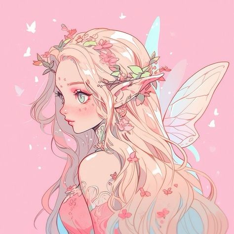 Fairy Aesthetic Illustration, Nature Fairy Art, Drawing Digital Aesthetic, Cute Fantasy Drawings, Reference Photos Cartoon, Blonde Fairy Art, Elf Pfp Aesthetic, Anime Elf Pfp, Fantasy Pfp Aesthetic