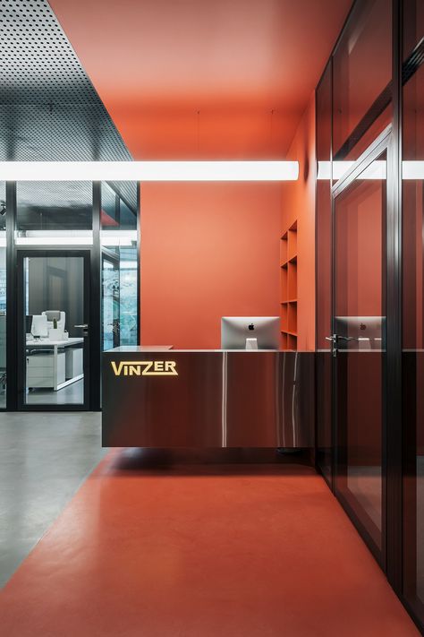 VINZER office :: Behance Yodezeen Architects, Orange Office, Office Reception Design, Interior Design Pictures, Lobby Reception, Office Space Design, Office Entrance, Stylish Apartment, Architectural Interior