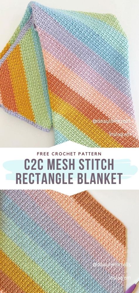 Crochet C2C Mesh Stitch Rectangle Blanket Rainbow Crochet Blankets, C2c Crochet Baby Blanket Pattern, Crochet Blanket Rainbow, Crochet C2c Pattern, C2c Crochet Pattern Free, Free Baby Blanket Patterns, C2c Crochet Blanket, Mesh Stitch, Knitting Patterns Free Blanket