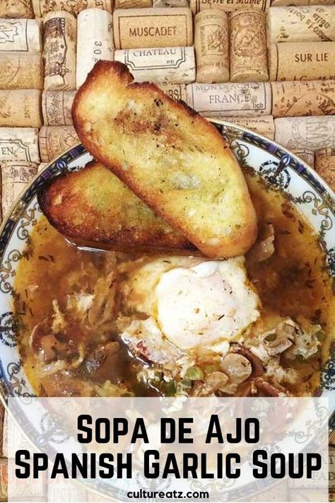 Garlic lovers rejoice! Enjoy a beautiful bowl of Sopa de Ajo, a rustic Spanish garlic soup accompanied by poached eggs, chorizo and char-grilled bread. Spanish Garlic Soup Recipe, Hungary Recipes, Food Food Recipes, Garlic Soup, Grilled Bread, Food Bar, Spanish Dishes, Southern Food, Chicken Food