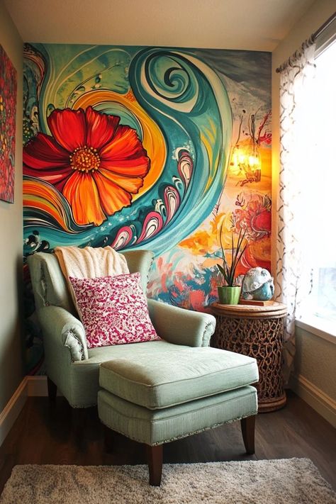 "Add a personal touch to your space with DIY Wall Murals! 🛠️🎨 Perfect for creating custom, large-scale art in your home. 🌟✨ #DIYWallMural #HomeDecor #ArtInspiration" Wall Mural Painted Diy, Cool Wall Designs Paint, Diy Bathroom Mural, Bedroom Murals Painted Diy, Mural Wall Art Creative, Funky Mural, Funky Wall Paint, Kitchen Wall Mural Ideas, Funky Wall Paint Ideas