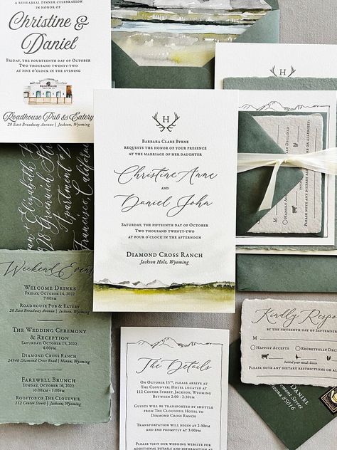 Jackson Hole Wedding invitations, Diamond Cross Ranch fine art, watercolor invitations, custom designs, #luxuryweddinginvitations #watercolorinvitations #custominvitations #jacksonholewedding #fineart #moderninvitations Diamond Cross Ranch, Western Wedding Invitations, Jackson Hole Wedding, Watercolor Elements, Custom Wedding Stationery, Wedding Branding, Wedding Luxury, Luxury Wedding Invitations, Modern Invitation