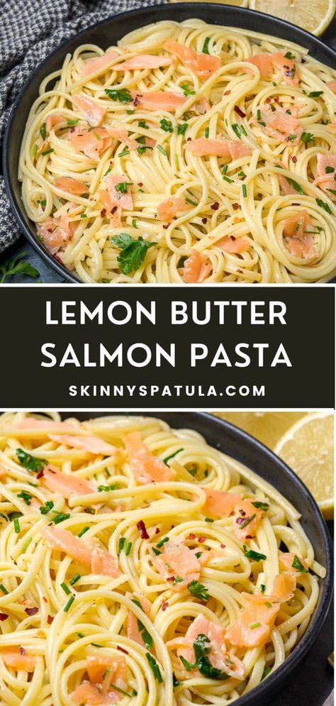 Lemon Butter Salmon Pasta Smoked Salmon Pasta Recipes, Pasta With Asparagus, Salmon Pasta Recipes, Lemon Pasta Recipes, Lemon Butter Salmon, Pasta Calories, Smoked Salmon Pasta, Fish Pasta, Butter Salmon