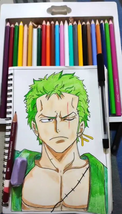 Zoro One Piece Sketch, Zoro One Piece, Anime Drawing, Color Pencil Art, Pencil Sketch, Pencil Art, Colored Pencils, Anime Drawings, Sketch