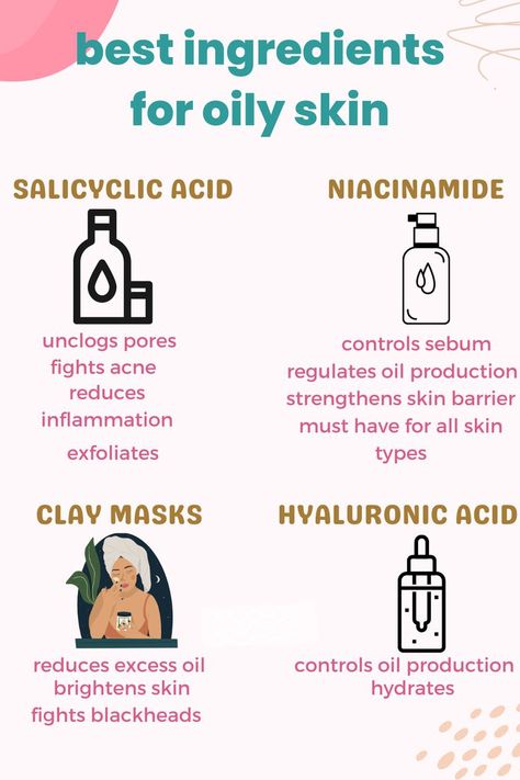 Ingredients For Oily Skin, Salicylic Acid Benefits, Weekly Skincare Routine, Teen Skincare Routine, Weekly Skincare, Oily Skin Routine, Niacinamide And Hyaluronic Acid, Mask For Oily Skin, Oily Skin Care Routine