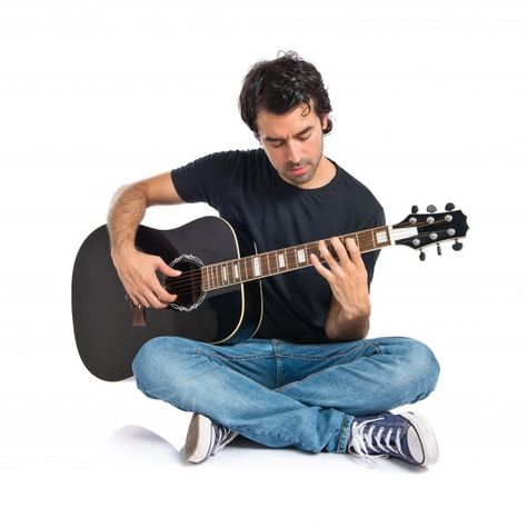 Handsome man with guitar over white back... | Free Photo #Freepik #freephoto #background #music #people #fashion Pose Reference Guitar, Guitar Pose Reference, Background Guitar, Guitar Pose, Man With Guitar, People Cutout, Human Figure Sketches, Action Pose Reference, Human Reference