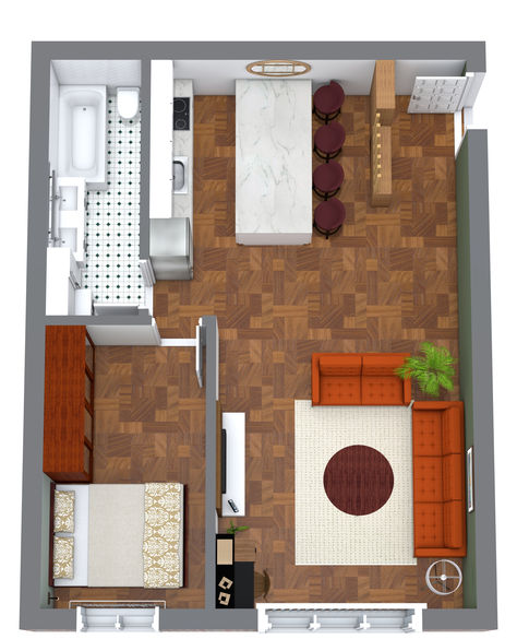 A 3D mid century modern one bedroom floor plan with narrow bathroom and a bathtub, a single wall kitchen layout with a white marble island, and an open concept. Bathtub View, White Marble Island, Single Wall Kitchen Layout, Single Wall Kitchen, One Bedroom House Plans, Bedroom Floor Plan, One Bedroom House, Marble Island, 3d Floor Plan