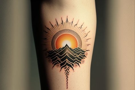 70+ Minimalist Tattoo Ideas To Inspire Your Next Piece | Inspirationfeed Color Sun Tattoo Designs, Geometric Sun Tattoo Design, Retro Space Tattoo, Abstract Sunset Tattoo, Colorful Geometric Tattoo, Orange Sun Tattoo, 4 Elements Tattoo Minimalist, Bord Tattoo, Sun Rising Tattoo