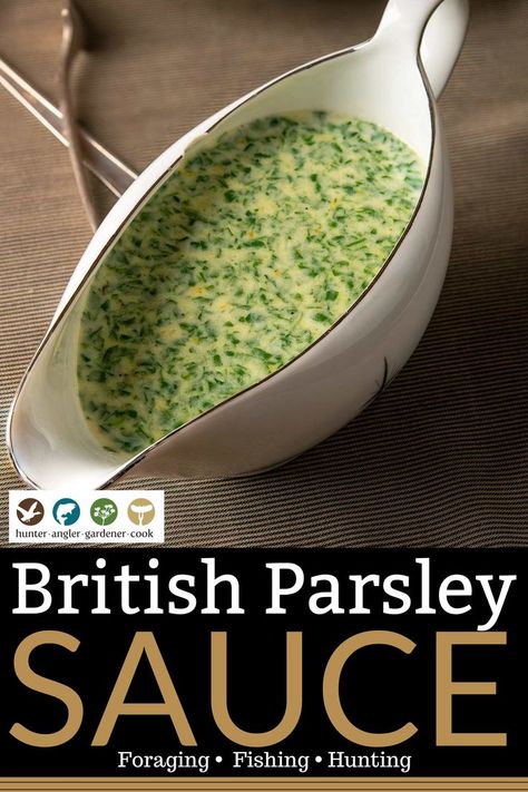 Parsley sauce can mean different things to different people, but for me it is this British-style parsley sauce with cream and a hint of mustard. It’s great on fish, white meat poultry, or pork. Lots of other versions of parsley sauce exist around the world. One of the most famous is chimichurri, from Argentina, and parsley plays a huge role in Italian salsa verde. These are both acidic sauces with no dairy. | @huntgathercook #hankshaw #parsleysauce #howtomakeparsleysauce #Britishparsleysauce Parsley Sauce For Ham, Irish Parsley Sauce Recipe, Parsley Sauce For Steak, Parsley Cream Sauce, Parsley Sauce For Fish, Parsley Sauce Recipe, Paleo Sauce, Watercress Sauce, Italian Salsa