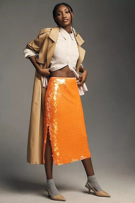 By Anthropologie Neon Paillette Midi Skirt | Anthropologie Sequin Skirt Outfit, Neon Skirt, Chic Fall Fashion, Recruitment Outfits, Sequin Midi Skirt, Orange Fits, Midi Skirt Outfit, Orange Outfit, Sequin Outfit