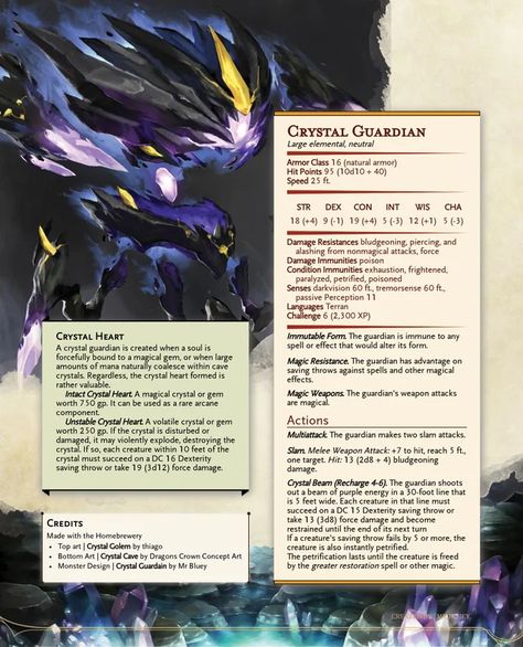 (1) Crystal Guardian, petrifying elemental : UnearthedArcana Dnd Crystal Monster, Crystal Golem, Crystal Elemental, Homebrew Monsters, Dnd Monster, Monster Manual, Dnd Stats, Dnd Homebrew, Dnd Campaign