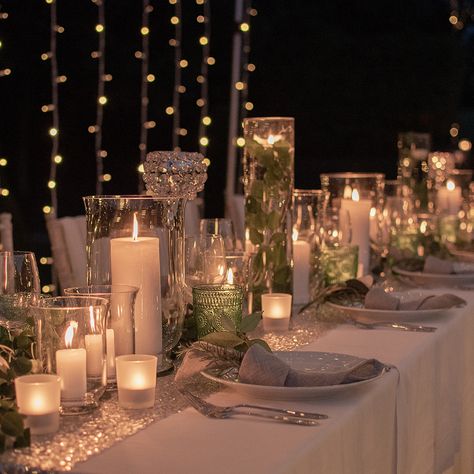 Candle And Fairy Light Wedding, Luncheon Decoration Ideas Table Settings, Elegant Long Table Centerpieces, Fairy Light Table Decor, Ball Decorations Elegant, Prom Table Decor, Prom Table Decorations, Fairy Lights Wedding Centerpieces, Fairy Light Tunnel