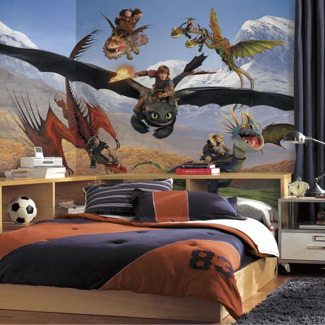 How to Train Your Dragon wall mural in a teenage boy's room. A little unorthodox, but, hey, it's not my room! Dragon Room Decor, Dragon Bedroom, Dragon Wall Mural, Train Room Decor, Dragon Room, Dragon Wallpapers, Boys Room Mural, Boys Room Wall Decor, Train Room