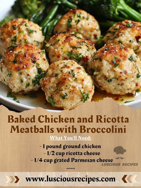 Luscious Recipes Ricotta Chicken Meatballs, Lemon Chicken Ricotta Meatballs With Garlic Orzo, Chicken Lemon Ricotta Meatballs, Chicken Ricotta Meatballs With Alfredo Sauce, Baked Chicken And Ricotta Meatballs With Broccolini, Chicken And Ricotta, Chicken Ricotta Meatballs, Ricotta Chicken, Chicken Ricotta