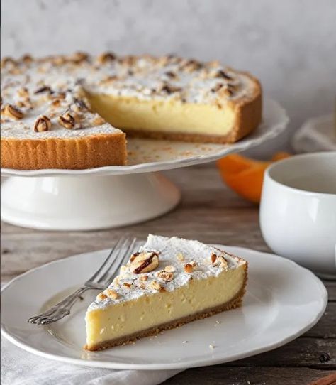 BAKED RICOTTA AND ALMOND CHEESECAKE Almond Cheesecake, Italian Cheesecake, Blueberry Bundt Cake, Ricotta Cheese Recipes, Christmas Food Recipes, Baked Ricotta, Crumble Tart, Italian Sweets, Ricotta Cheesecake