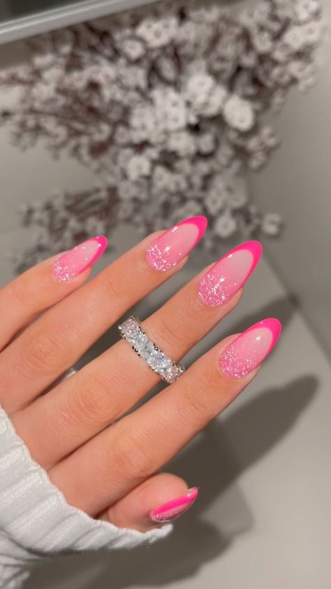 LN Nailed It on Reels | SYML · I Wanted to Leave Hot Pink Rhinestone Acrylic Nails, Classy Valentines Nails Pink, Pink Barbie Nail Ideas, Birthday Nails Acrylic Almond, Pink Valentines Day Nails Almond, Pink Tip Nail Designs, Birthday Nail Designs Almond, Nails For Barbie, Cute Pink Birthday Nails